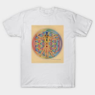 Virtruvian Man and Flower of Life on Parchment T-Shirt